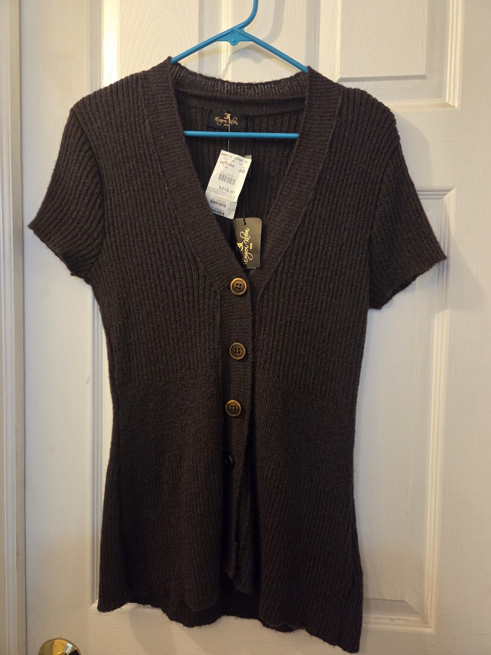 Eugen Klein Short Sleeve Ribbed Button-Front Cardigan Sweater - Dark Brown